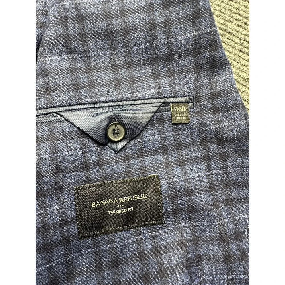 Banana Republic Blazer Mens 46R Blue Check Slim Fit Stretch Sport‎ Coat Jacket